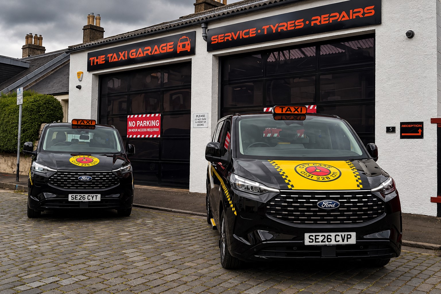 The Taxi Garage Edinburgh with City Cabs rental taxis