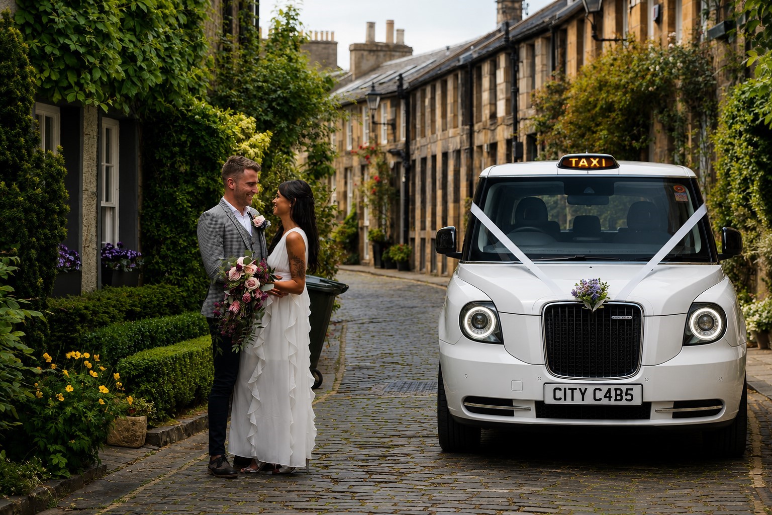 Wedding taxi outside The Balmoral