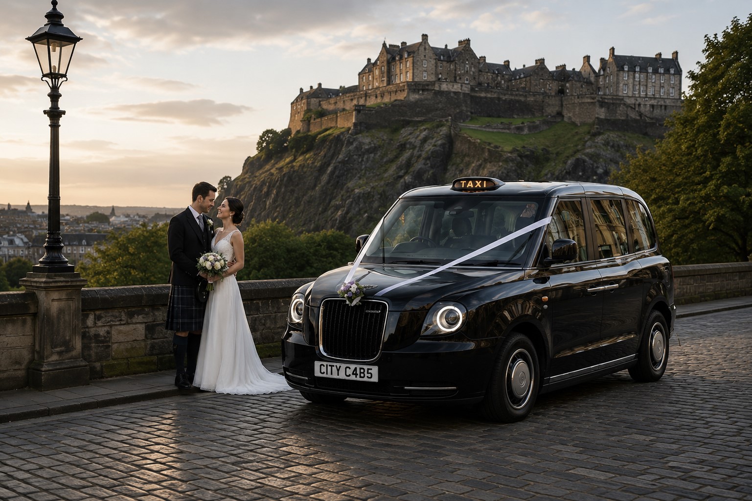 Bride and groom beside City Cabs wedding taxi