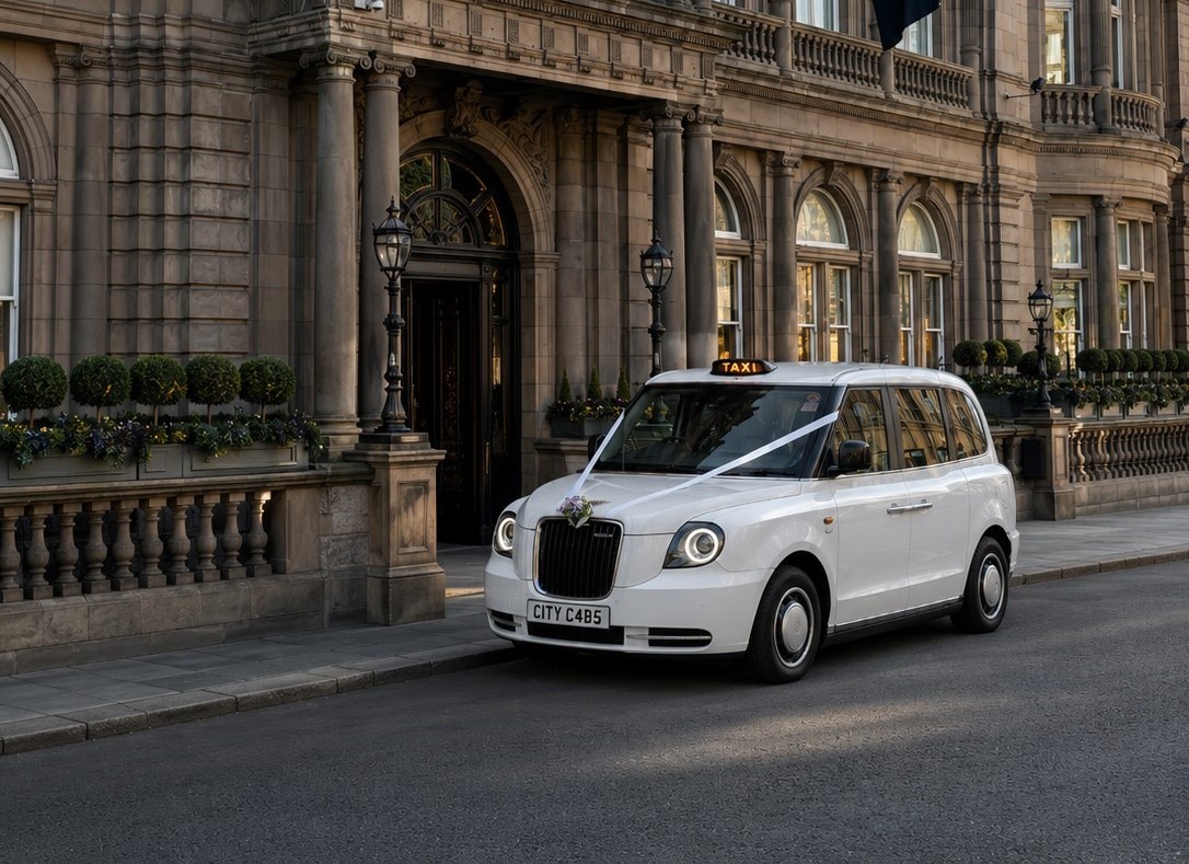 Wedding taxi decorated with ribbons